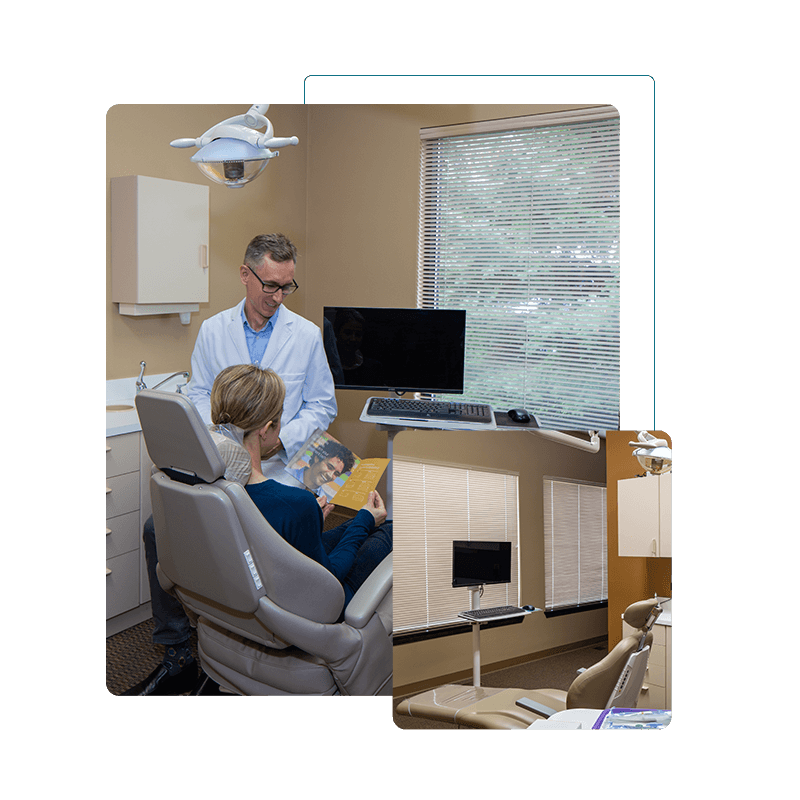 Dr. Alm takes care of your smile and your whole-body health. A photo of Dr. Alm talking with a patient, and a smaller image in the front bottom corner of Horizon Dental's office.