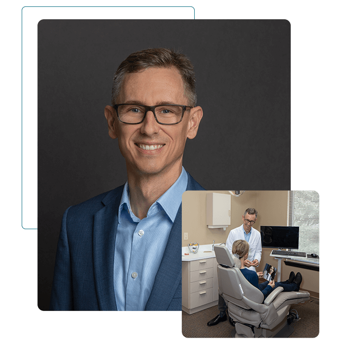 Dr. Alm loves to help his community with comprehensive dentistry. Dr. Alm wearing a blue suit and a small photo in the right bottom of him talking with a patient